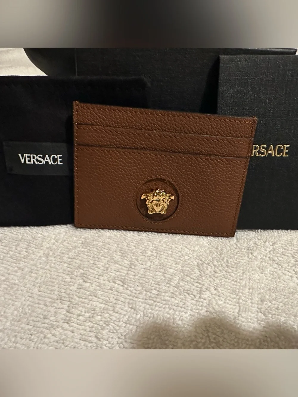 Versace Medusa Leather Card Holder Wallet Cognac Brown NWT Style Full Set